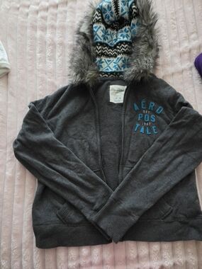 Aeropostale Gray Hoodie with Blue Accent and Faux Fur Hood